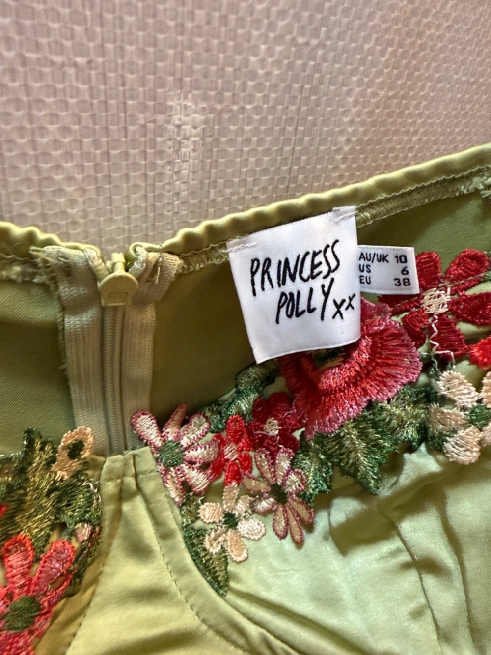 Green Satin Slip Dress with Floral Embroidered Straps - Picture 3 of 7